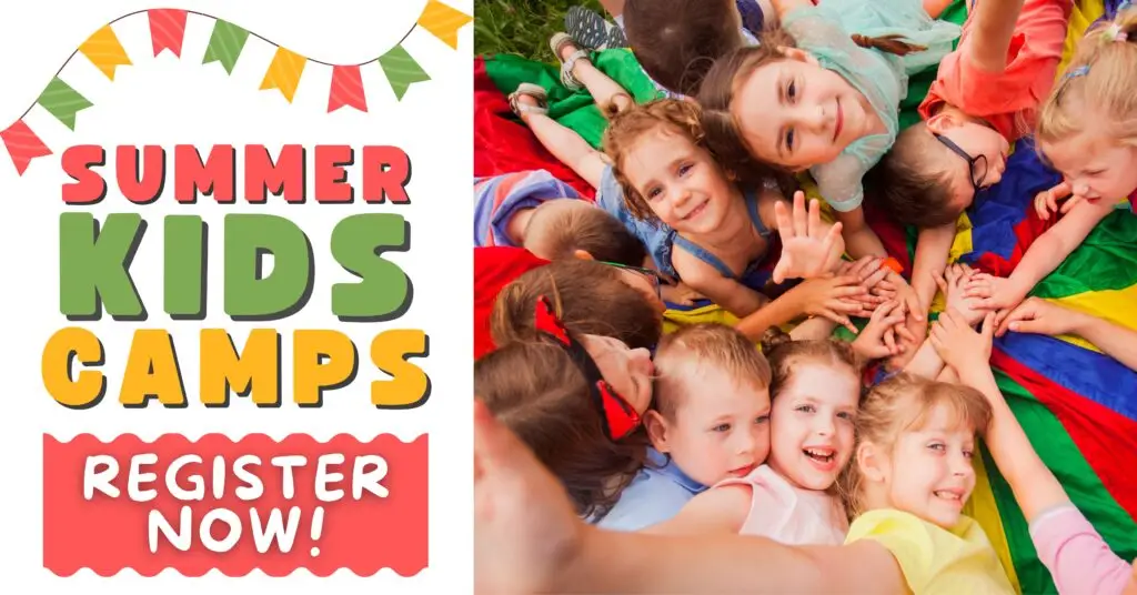 Sumer Camp for kids registration information. laughing kids in circle.